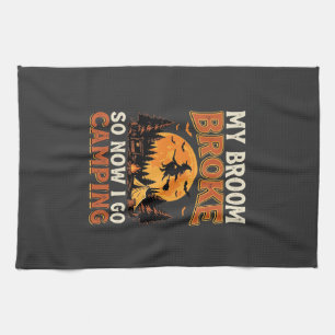 Halloween Camping Broom Vintage Horror Design Tea Towel