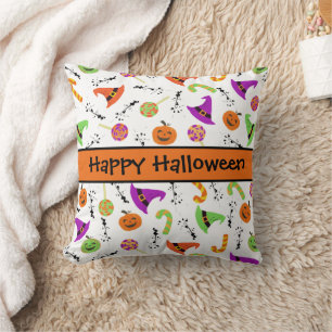 Halloween Candies Pumpkins Witch Hats Pattern Cushion