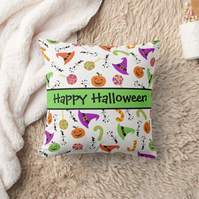 Halloween Candies Pumpkins Witch Hats Pattern Cushion (Blanket)