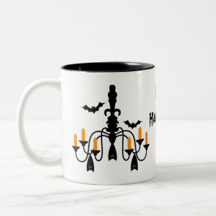 Halloween candles and bats chandelier Two-Tone coffee mug