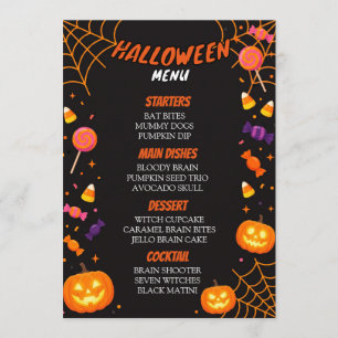 Halloween Candy and Pumpkin Party Dinner Menu Card