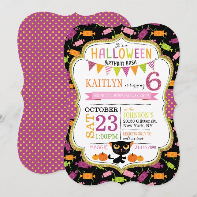 Halloween Candy Black Cat Pumpkins Birthday Invitation (Front/Back)