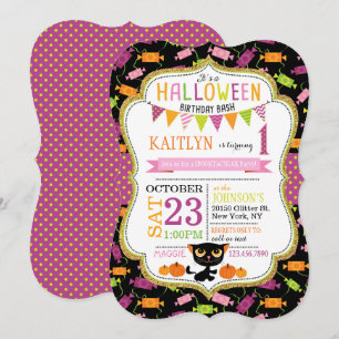 Halloween Candy Black Cat Pumpkins Birthday Invitation