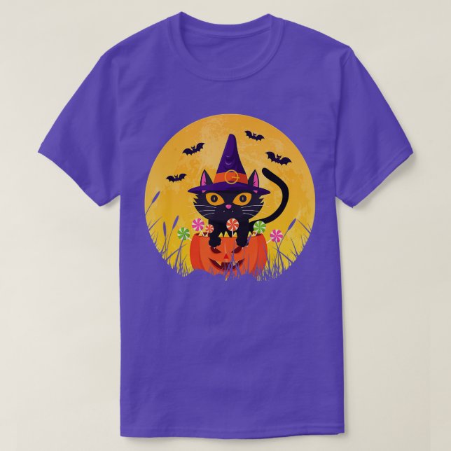 Halloween Candy Black Cat Scary Pumpkin On the Moo T-Shirt (Design Front)