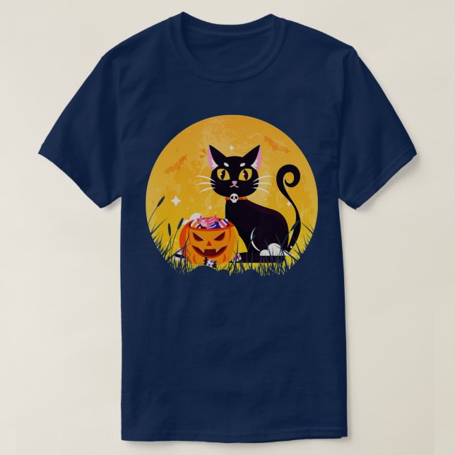 Halloween Candy Black Cat Scary Pumpkin On the Moo T-Shirt (Design Front)