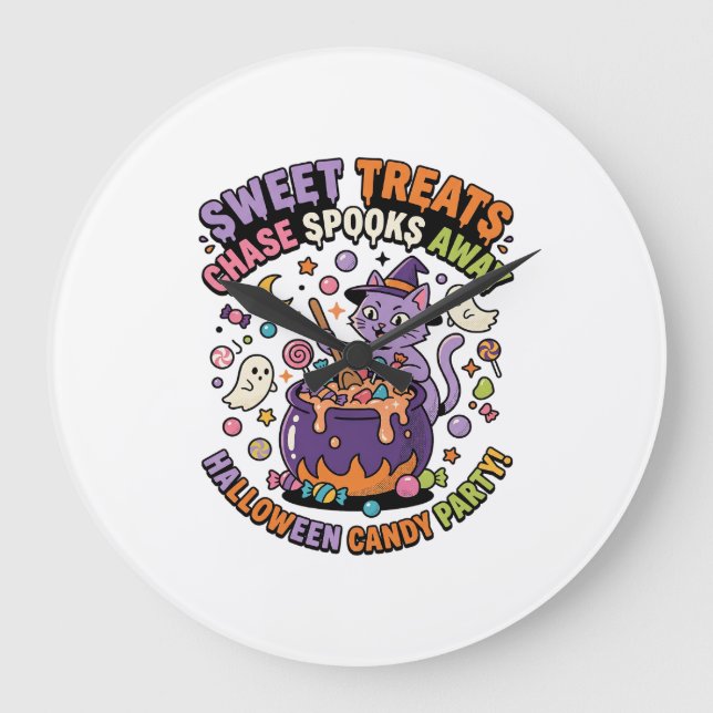 Halloween Candy Cauldron Spooky Treats Large Clock (Front)