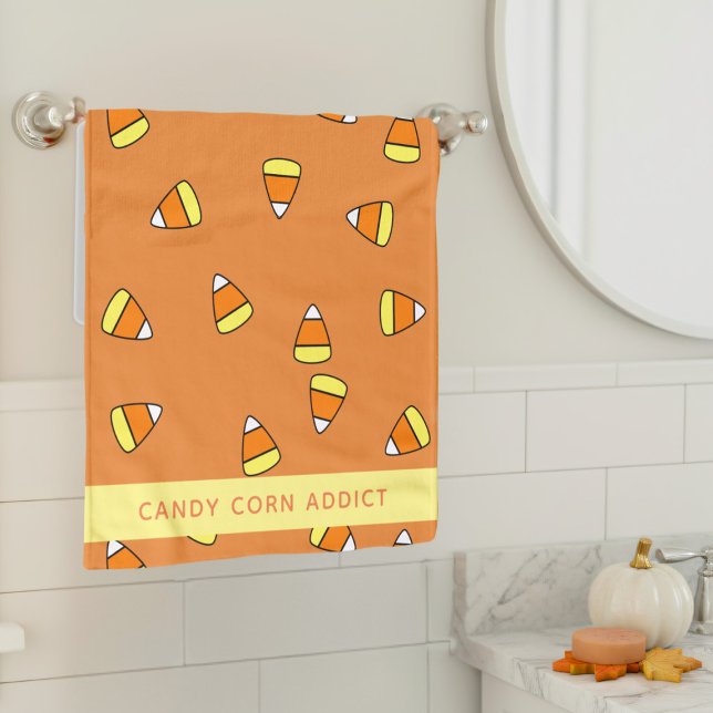 Halloween Candy Corn Addict Orange Hand Towel (A fun and colorful candy corn pattern hand towel for your Halloween bathroom)