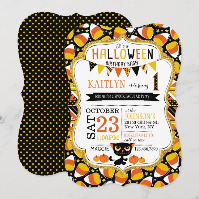 Halloween Candy Corn Black Cat Pumpkins Birthday Invitation (Front/Back)