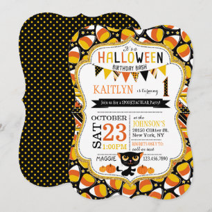 Halloween Candy Corn Black Cat Pumpkins Birthday Invitation