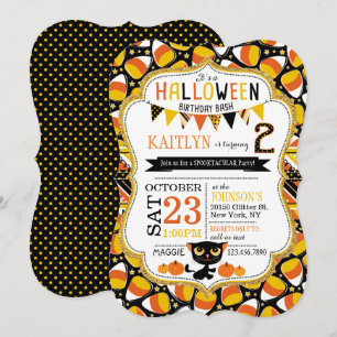 Halloween Candy Corn Black Cat Pumpkins Birthday Invitation