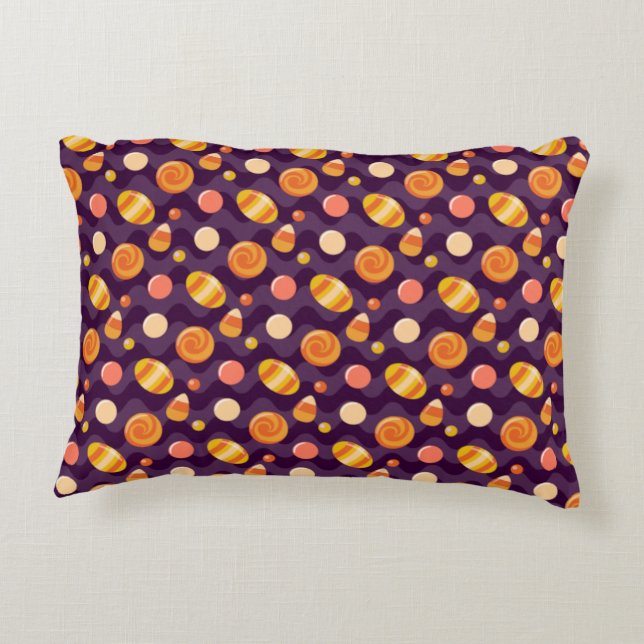 Halloween Candy Corn Candies on Purple Decorative Cushion (Back)