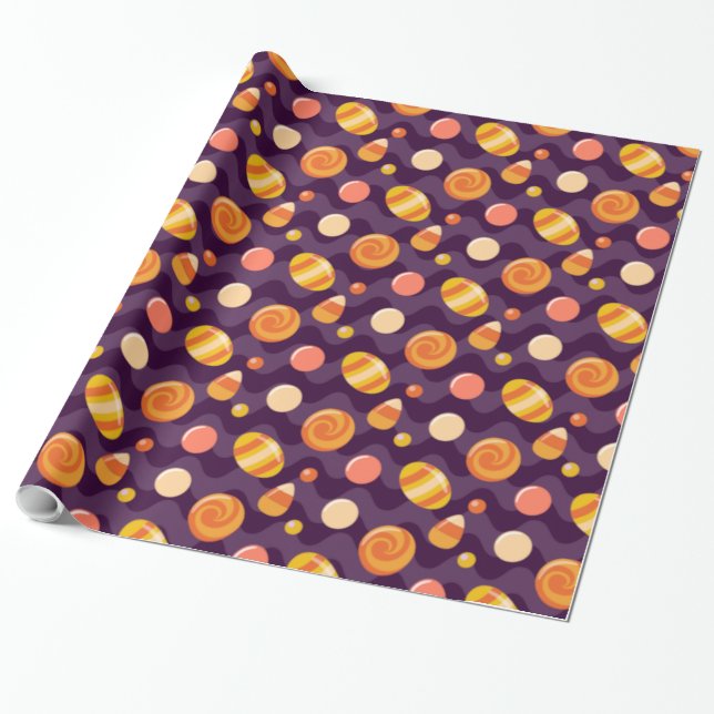 Halloween Candy Corn Candies on Purple Wrapping Paper (Unrolled)