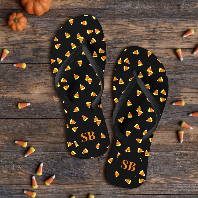 Halloween Candy Corn Monogrammed Black Flip Flops (Cute candy corn flip flops with space for your initials)