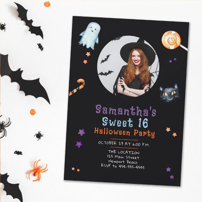 Halloween Candy Ghost Black Cat Sweet 16 Photo Invitation (sweet 16 halloween photo invitation for girls ghost black cat candy purple orange cute fun witch)