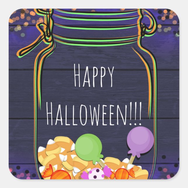 Halloween Candy Mason Jar Party Glowing Favour Square Sticker (Front)