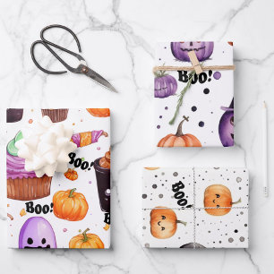 Halloween candy, treats and jack-o-lanterns wrapping paper sheet