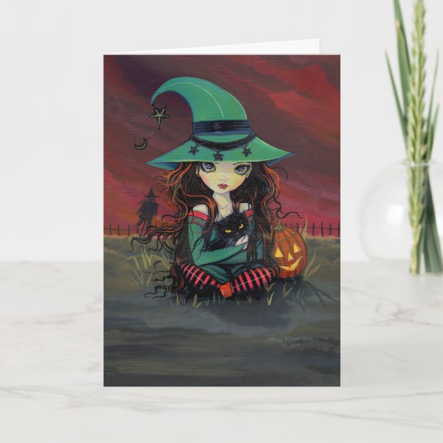 Halloween Card Cute Witch and Black Cat (Front)