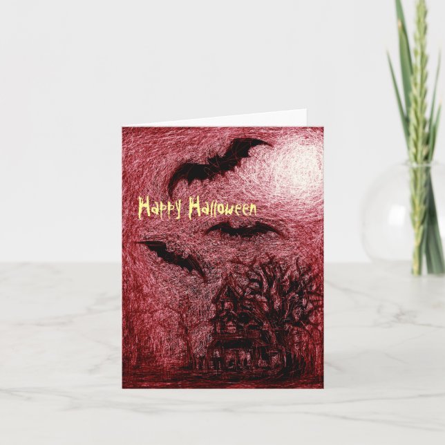 Halloween Card Haunting House Red (Front)