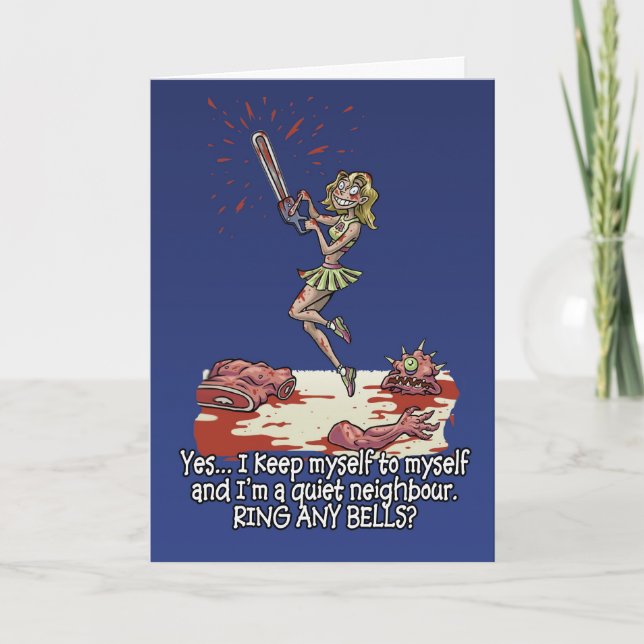 Halloween card Humour fun chainsaw woman (Front)