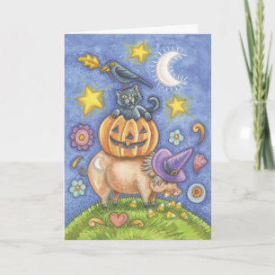 Halloween Card, Pig, Black Cat, Pumpkin, Crow Card
