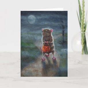 Halloween card Rat Pumpkin basket full moon fog
