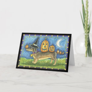 Halloween card with witches dog and pumpkins