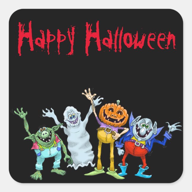 Halloween cartoon creatures waving, stickers. square sticker (Front)