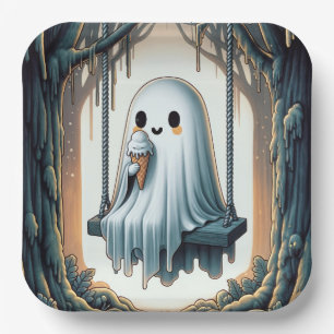 Halloween Cartoon Ghost With Ice Cream Cone Paper Plate