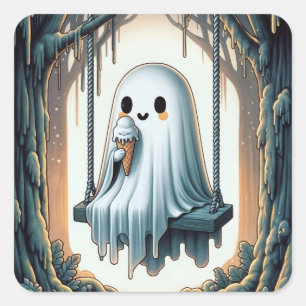 Halloween Cartoon Ghost With Ice Cream Cone Square Sticker