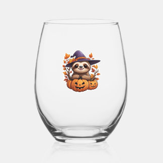 Halloween Cartoon Sloth Classic T-Shirt Stemless Wine Glass