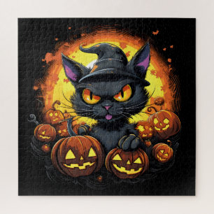 Halloween Cartoon Spooky Witch Cat Jigsaw Puzzle