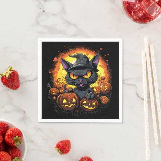 Halloween Cartoon Spooky Witch Cat Napkin (Insitu)