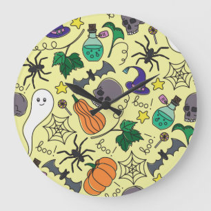Halloween Cartoon: Vibrant Vintage Pattern Large Clock