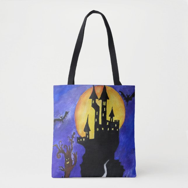 Halloween Castle Bats Tree Drawing Tote Bag (Front)