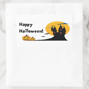 Halloween - Castle, Full Moon, Bats, and Pumpkins Rectangular Sticker