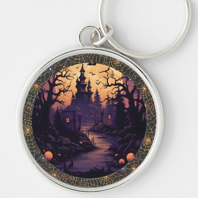 Halloween Castle with Bats, Pumpkins and Spiderweb Key Ring (Front)