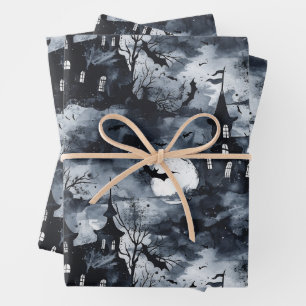 Halloween Castle with moon and bats Gothic Wrapping Paper Sheet