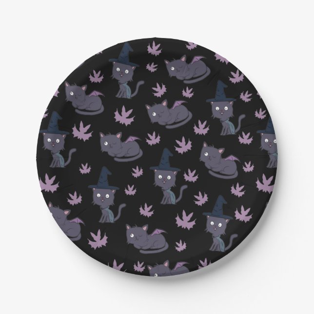Halloween Cat and Bat Pattern Paper Plate (Front)