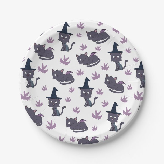 Halloween Cat and Bat Pattern Paper Plate (Front)