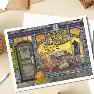Halloween Cat and Book Shop Postcard