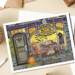 Halloween Cat and Book Shop Postcard<br><div class="desc">This sweet Halloween book shop painting was created as the October page of a calendar series of watercolor storefronts. Featuring a spooky but cute book store display window full of witchy décor, haunting books, bat decorations, carved pumpkins, magic spell books, and a sleepy grey kitty cat, The Night Owl Book...</div>