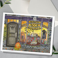 Halloween Cat and Book Shop Watercolor Card