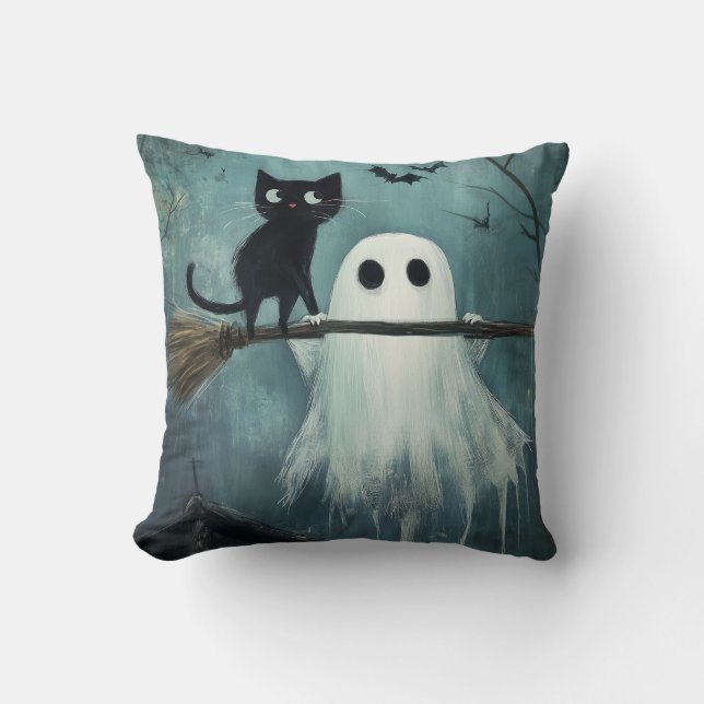 Halloween Cat and Ghost Flying on Broom Cushion (Front)