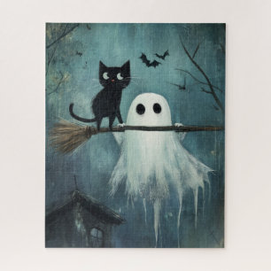 Halloween Cat and Ghost Flying on Broom Jigsaw Puzzle