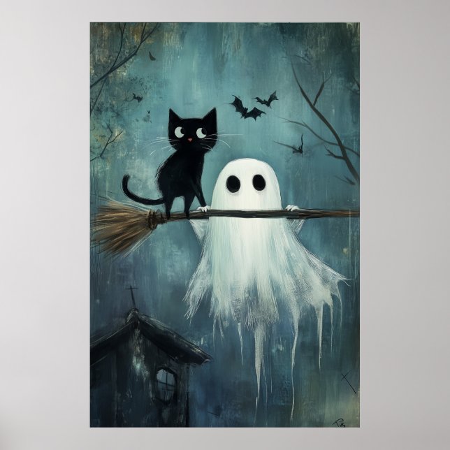 Halloween Cat and Ghost Flying on Broom Poster (Front)