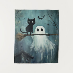 Halloween Cat and Ghost Flying on Broom Tapestry