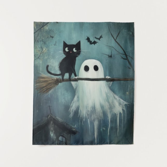 Halloween Cat and Ghost Flying on Broom Tapestry (Front)