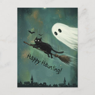 Halloween Cat and Ghost Haunting Postcard