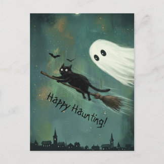 Halloween Cat and Ghost Haunting Postcard