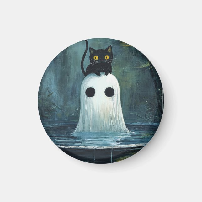 Halloween Cat and Ghost in Pool Magnet (Front)